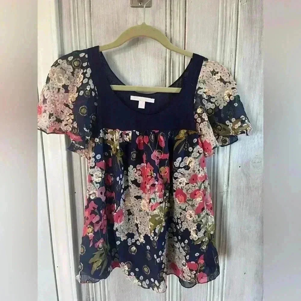VTG Y2k silk floral babydoll Flutter Sleeve top romantic fairy coquette whimsy 6